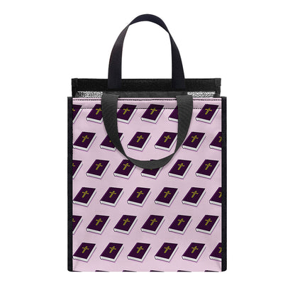 Purple Holy Bible Pattern Print Insulated Lunch Tote