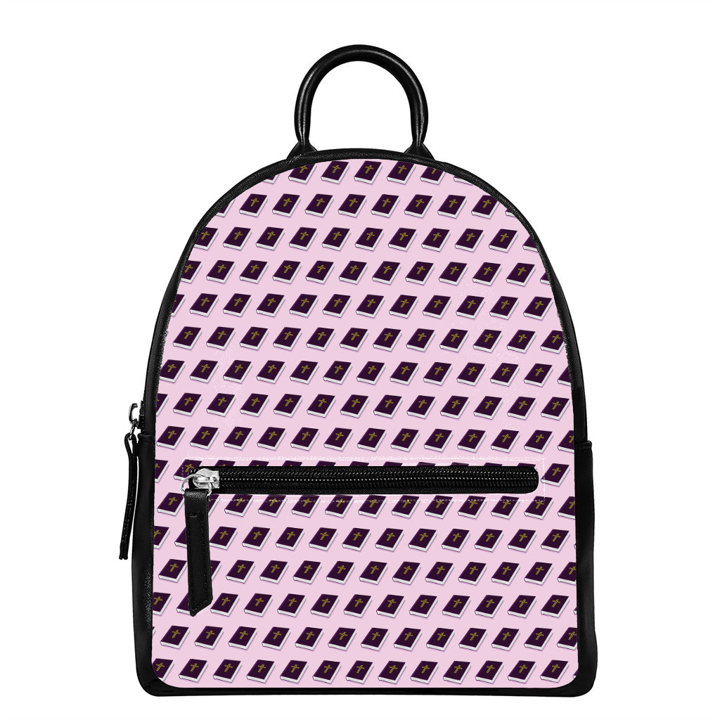 Purple Holy Bible Pattern Print Leather Backpack