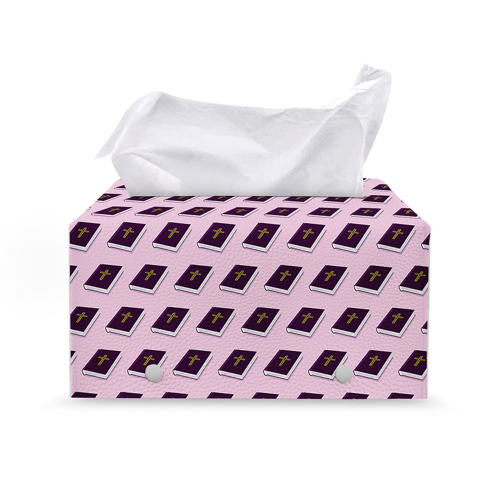 Purple Holy Bible Pattern Print Leather Tissue Box Cover