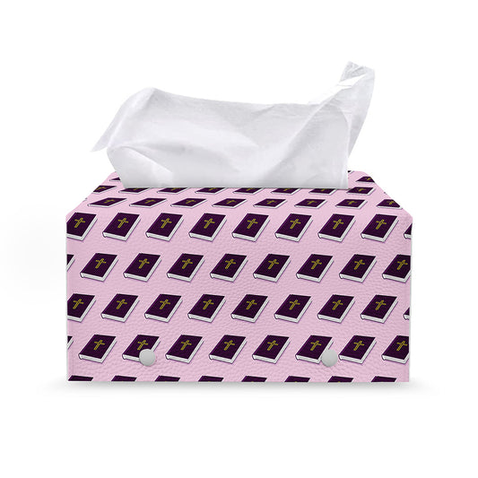 Purple Holy Bible Pattern Print Leather Tissue Box Cover
