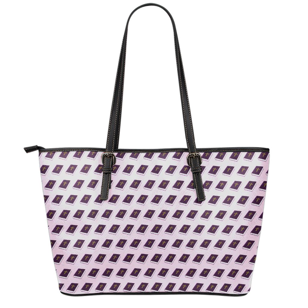Purple Holy Bible Pattern Print Leather Tote Bag