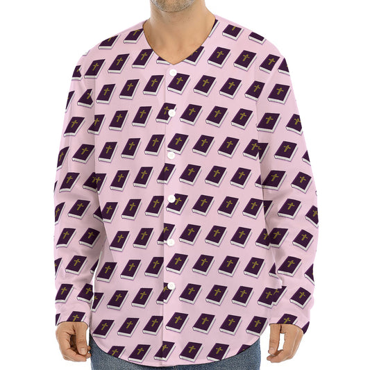 Purple Holy Bible Pattern Print Long Sleeve Baseball Jersey