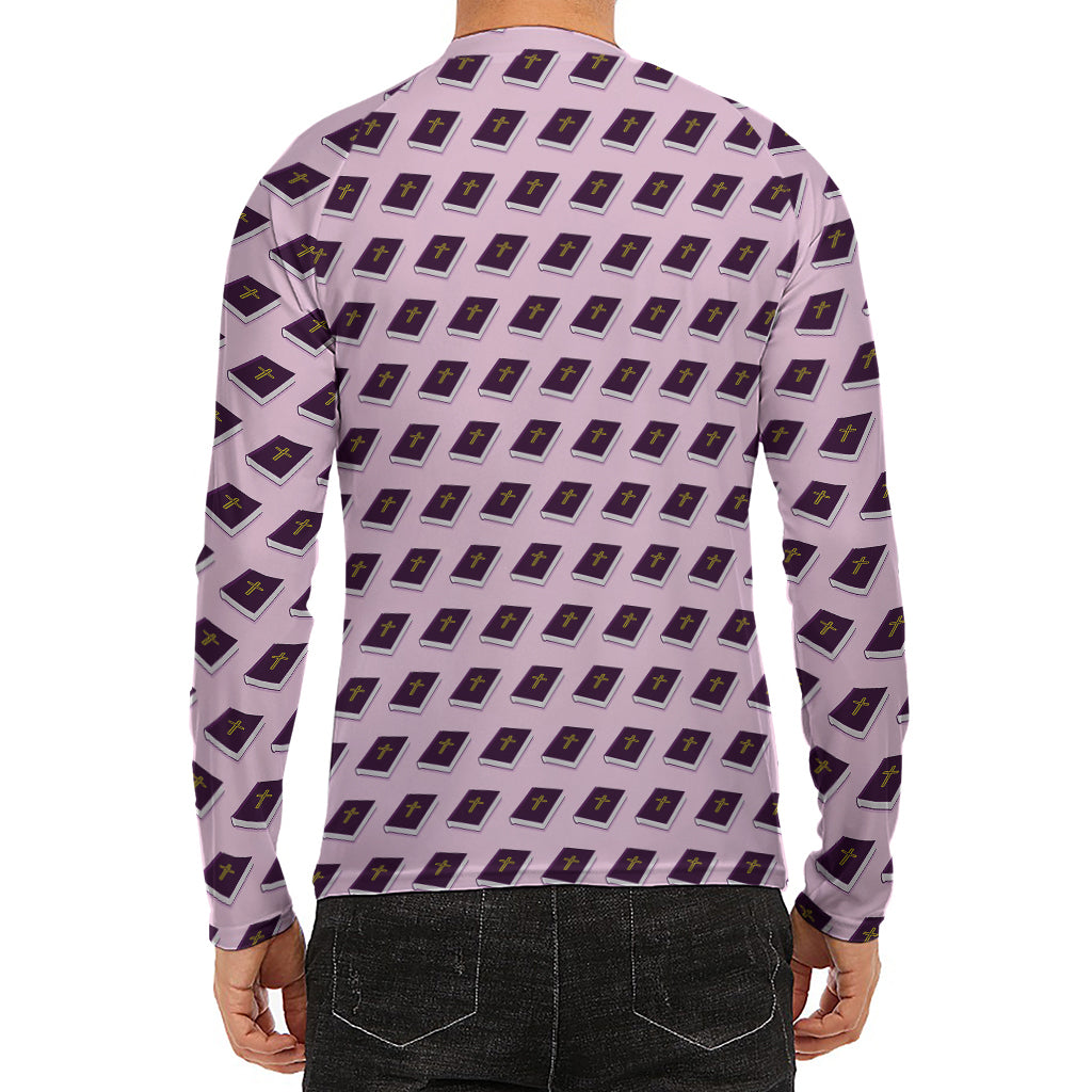 Purple Holy Bible Pattern Print Men's Long Sleeve Rash Guard