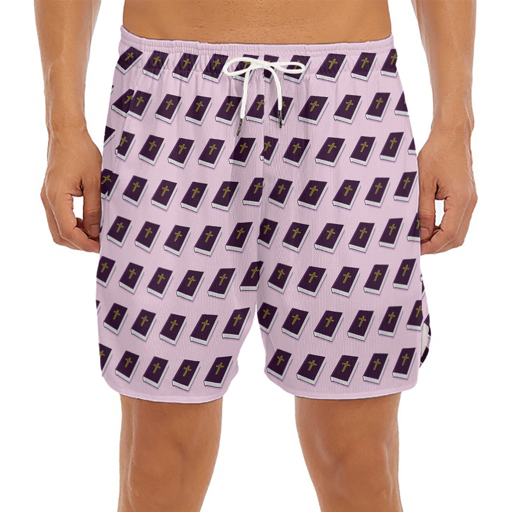 Purple Holy Bible Pattern Print Men's Split Running Shorts