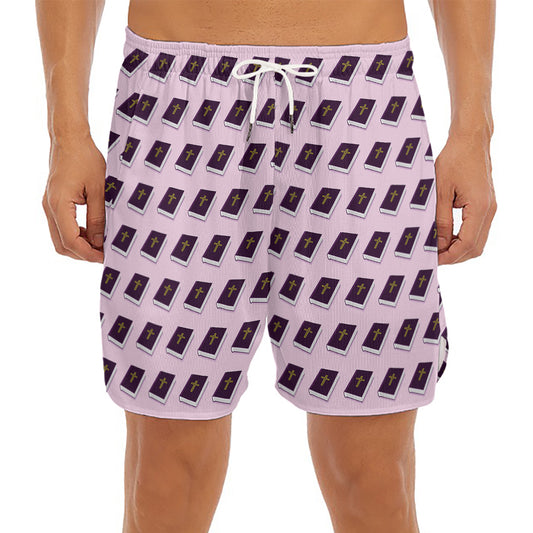 Purple Holy Bible Pattern Print Men's Split Running Shorts