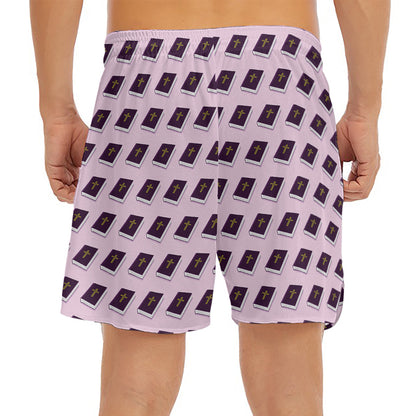Purple Holy Bible Pattern Print Men's Split Running Shorts