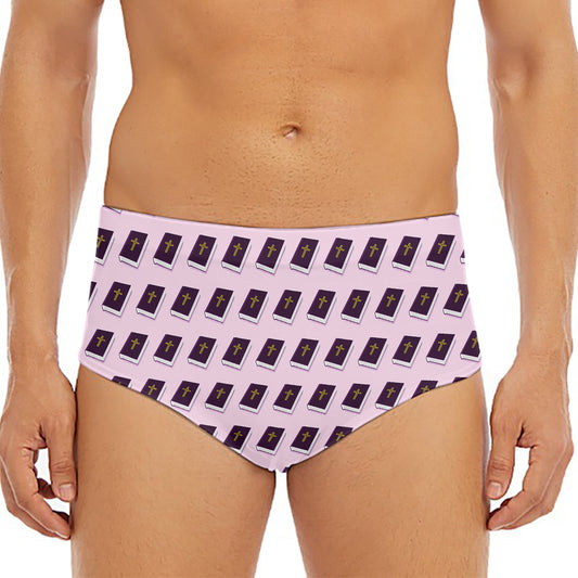 Purple Holy Bible Pattern Print Men's Triangle Swim Briefs