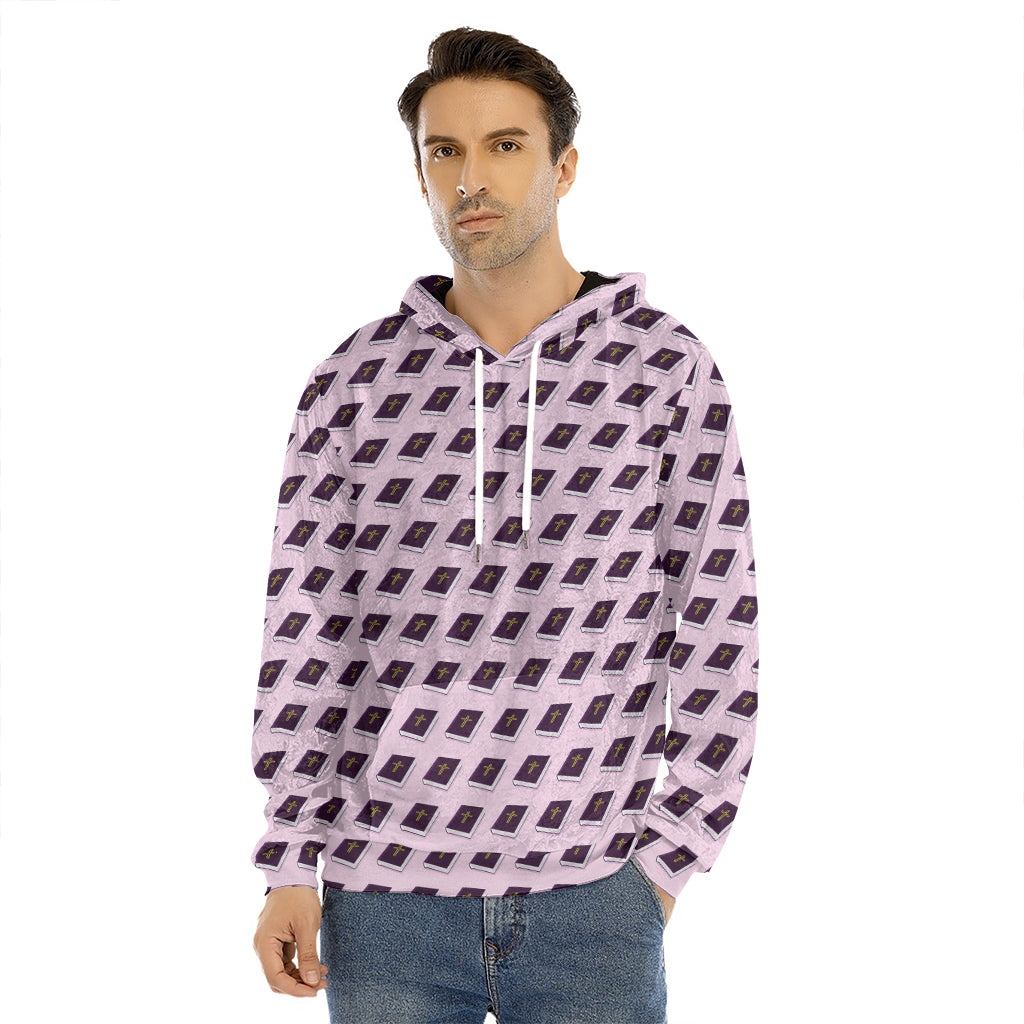 Purple Holy Bible Pattern Print Men's Velvet Pullover Hoodie