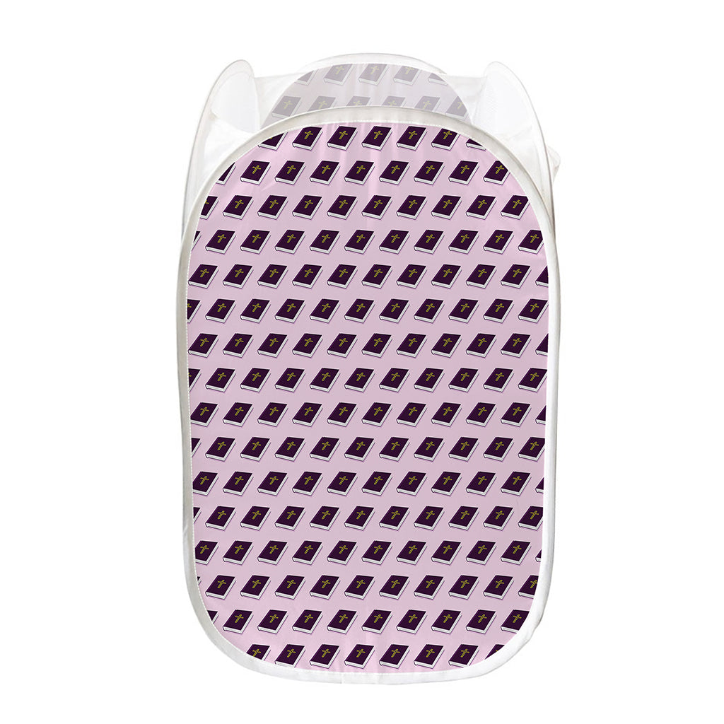 Purple Holy Bible Pattern Print Mesh Laundry Hamper