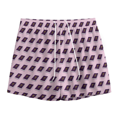 Purple Holy Bible Pattern Print Mesh Shorts