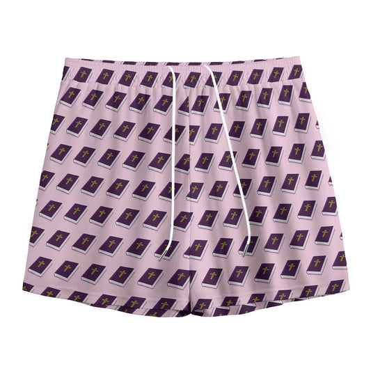 Purple Holy Bible Pattern Print Mesh Shorts
