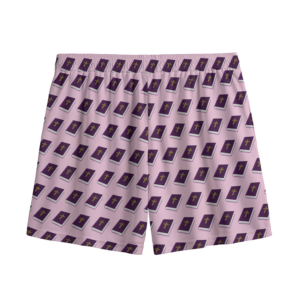 Purple Holy Bible Pattern Print Mesh Shorts