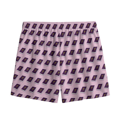 Purple Holy Bible Pattern Print Mesh Shorts