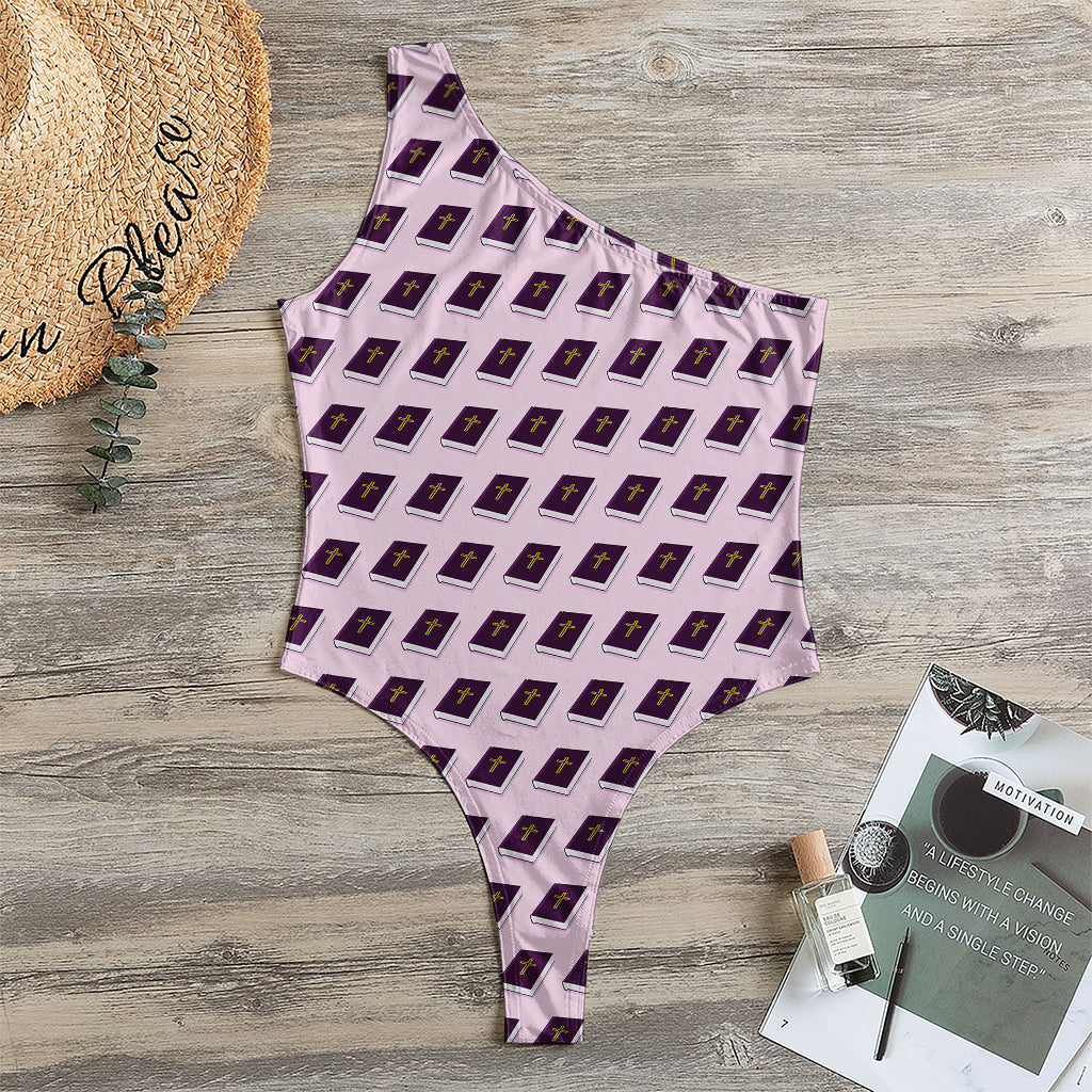 Purple Holy Bible Pattern Print One Shoulder Bodysuit