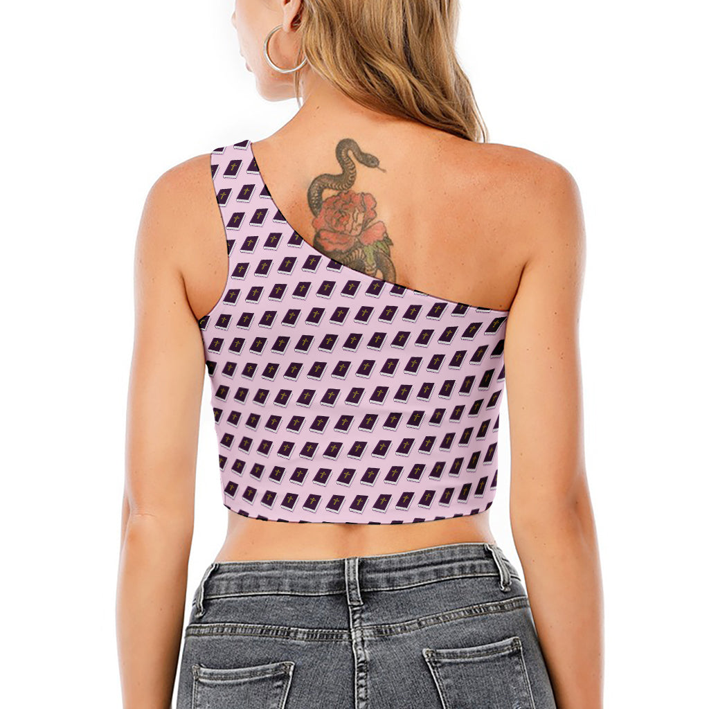 Purple Holy Bible Pattern Print One Shoulder Crop Top