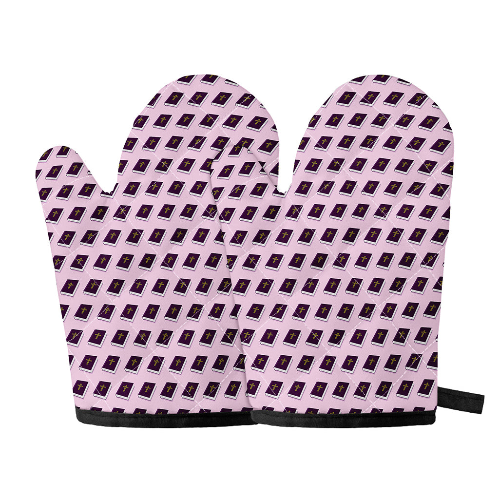 Purple Holy Bible Pattern Print Oven Mitts
