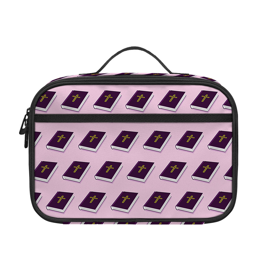 Purple Holy Bible Pattern Print Portable Lunch Bag