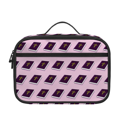 Purple Holy Bible Pattern Print Portable Lunch Bag