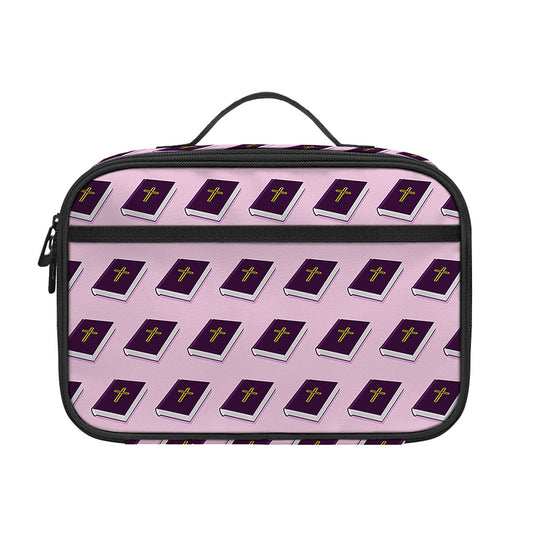 Purple Holy Bible Pattern Print Portable Lunch Bag