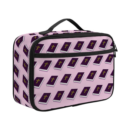 Purple Holy Bible Pattern Print Portable Lunch Bag