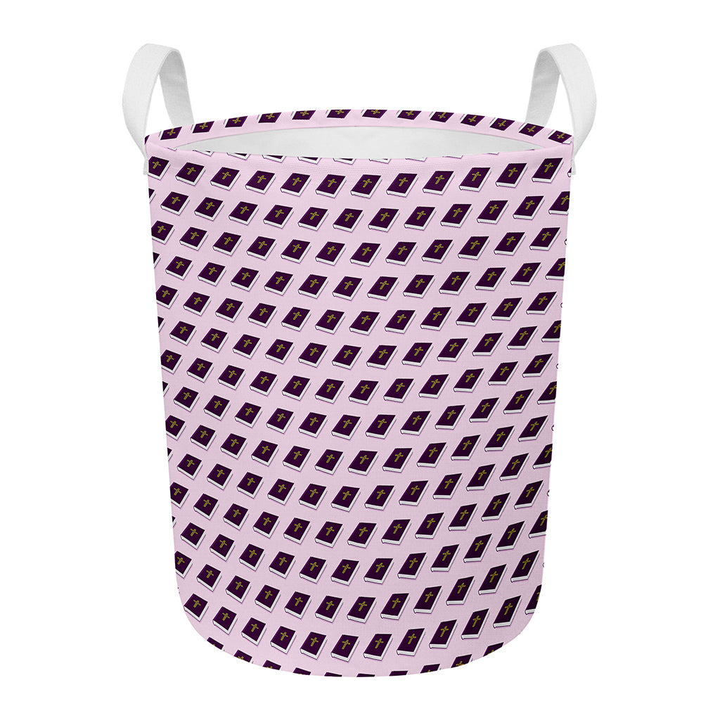 Purple Holy Bible Pattern Print Round Laundry Basket