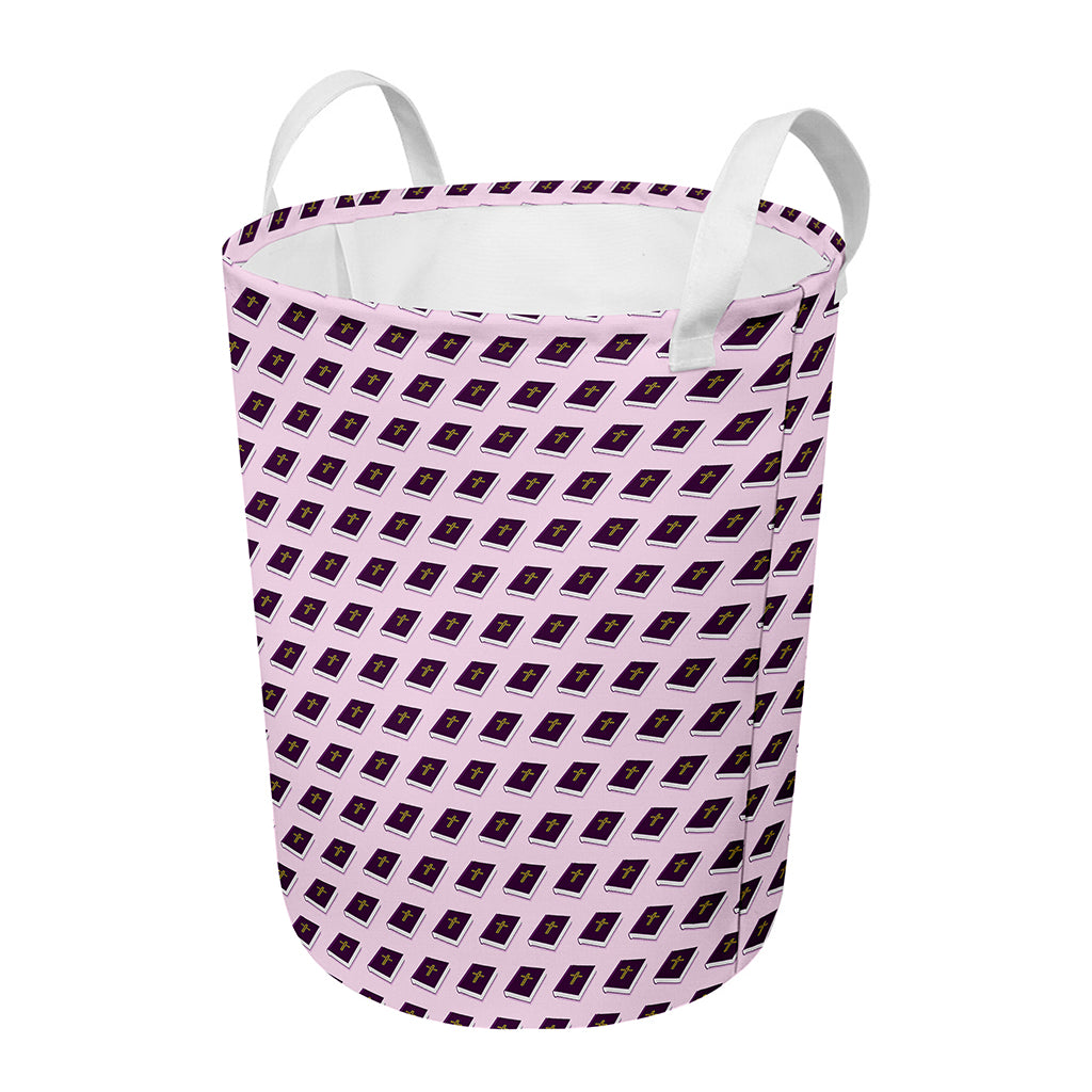 Purple Holy Bible Pattern Print Round Laundry Basket