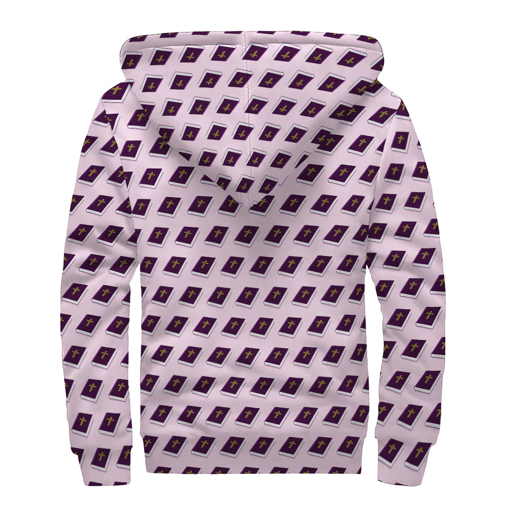 Purple Holy Bible Pattern Print Sherpa Lined Zip Up Hoodie