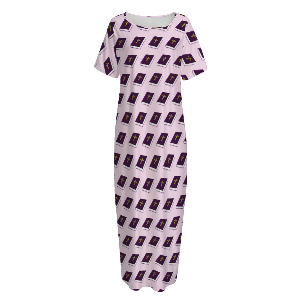 Purple Holy Bible Pattern Print Short Sleeve Long Nightdress