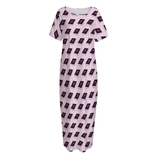 Purple Holy Bible Pattern Print Short Sleeve Long Nightdress