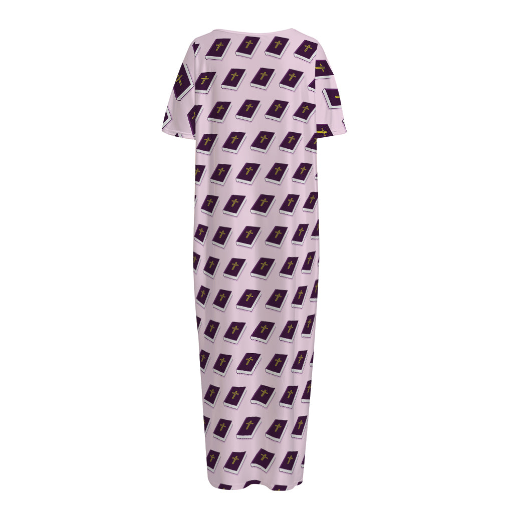 Purple Holy Bible Pattern Print Short Sleeve Long Nightdress