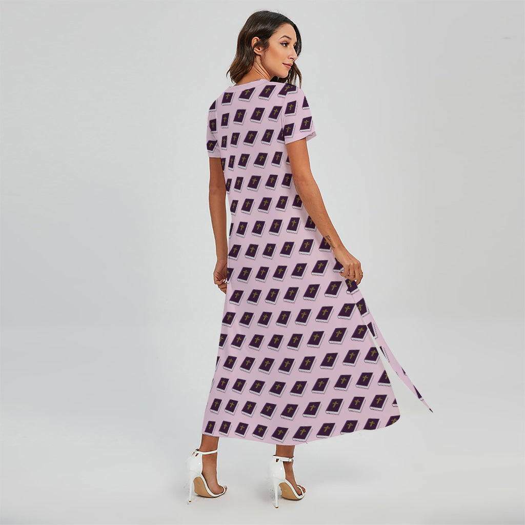 Purple Holy Bible Pattern Print Short Sleeve Maxi Dress