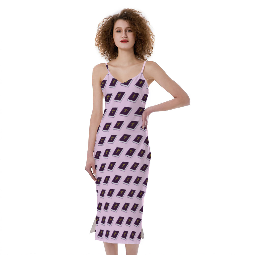 Purple Holy Bible Pattern Print Slim Fit Midi Cami Dress