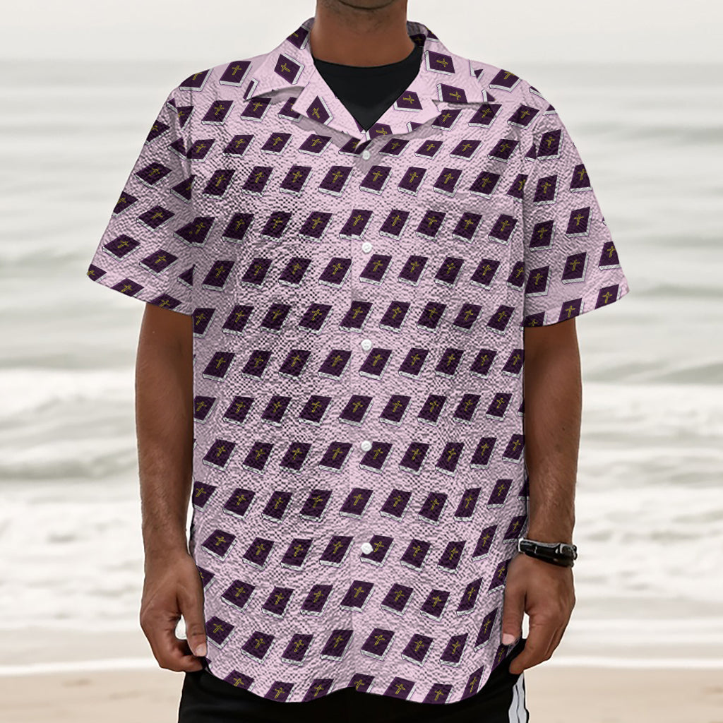 Purple Holy Bible Pattern Print Textured Short Sleeve Shirt