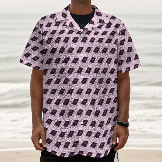 Purple Holy Bible Pattern Print Textured Short Sleeve Shirt
