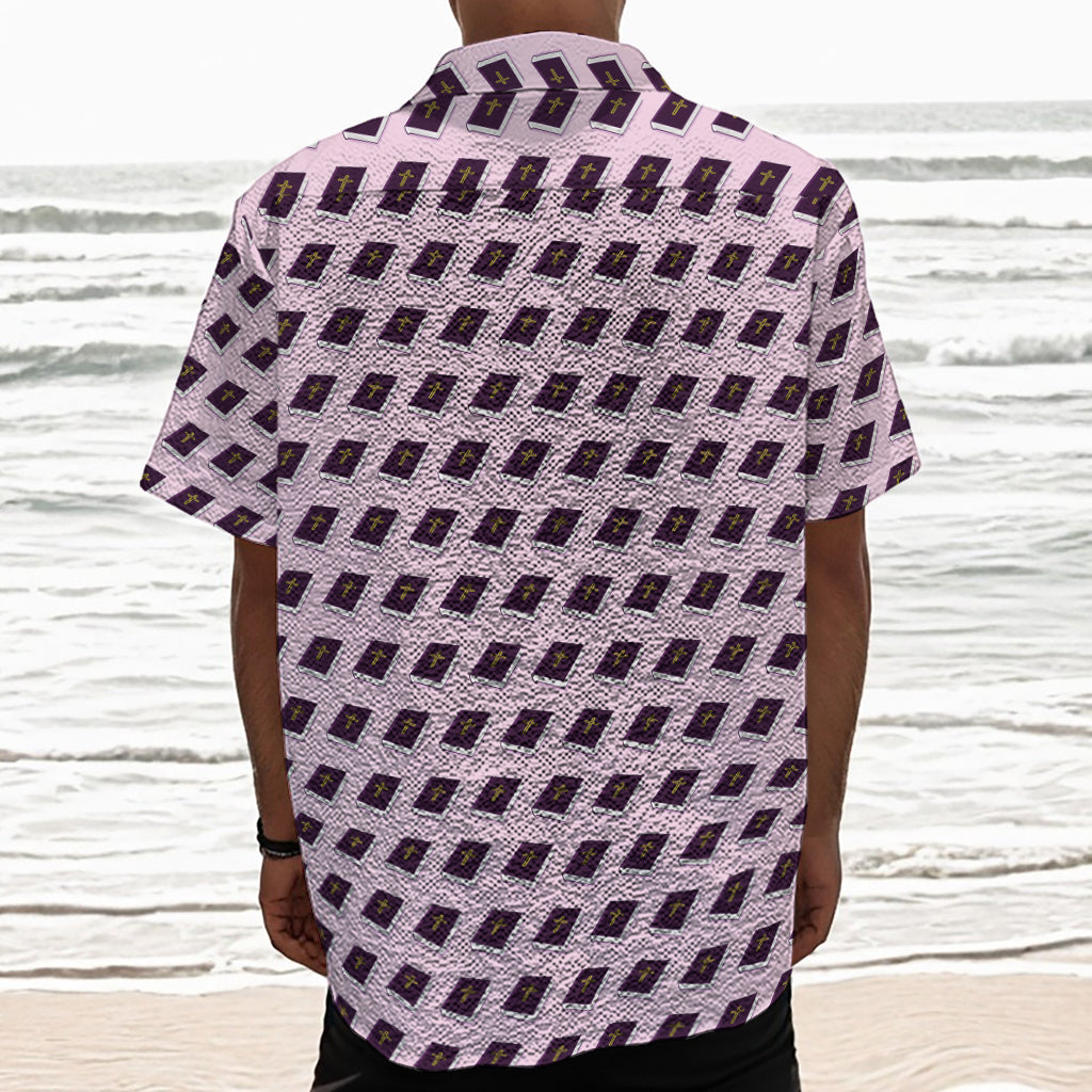 Purple Holy Bible Pattern Print Textured Short Sleeve Shirt