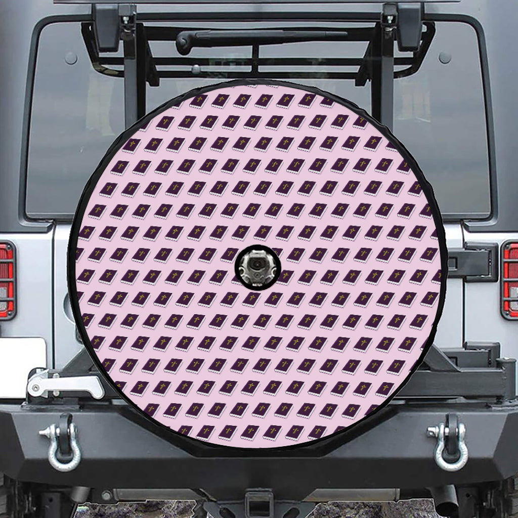 Purple Holy Bible Pattern Print Tire Cover With Camera Hole