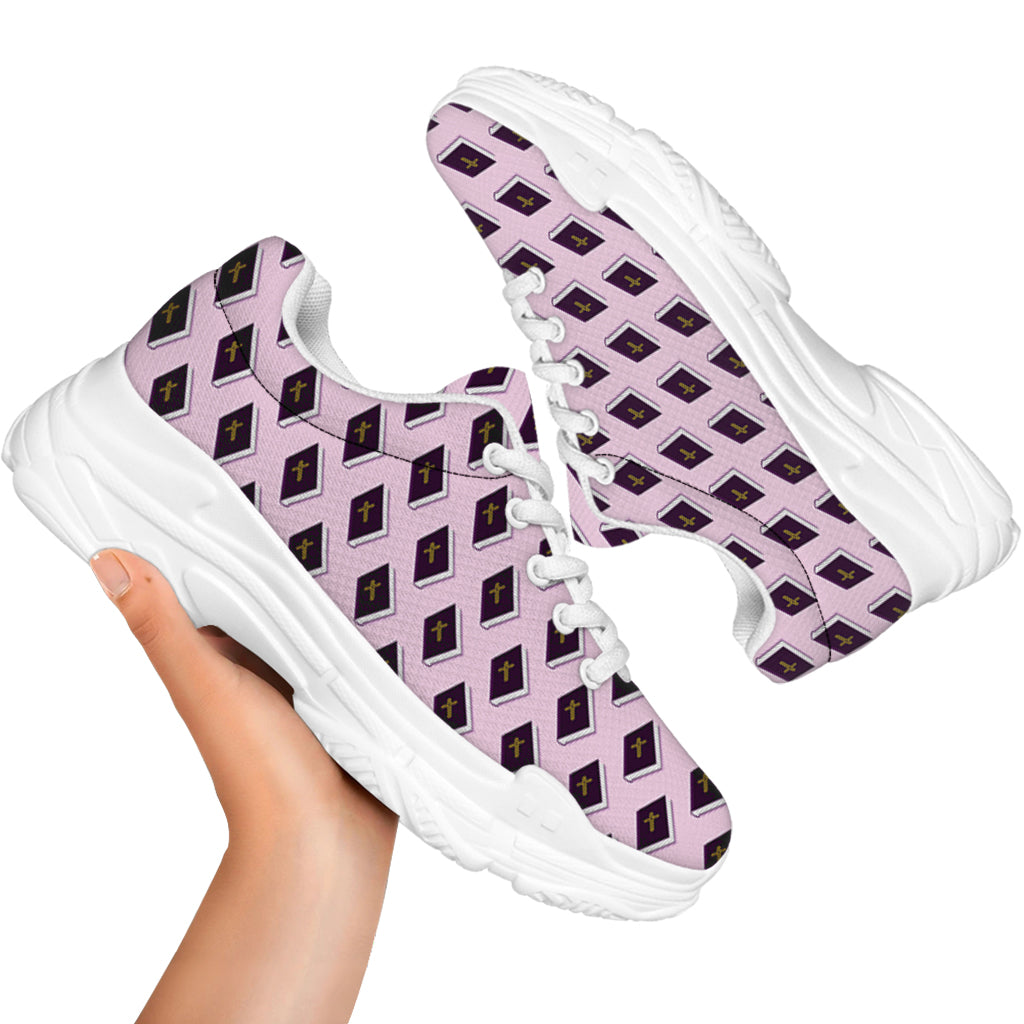 Purple Holy Bible Pattern Print White Chunky Shoes