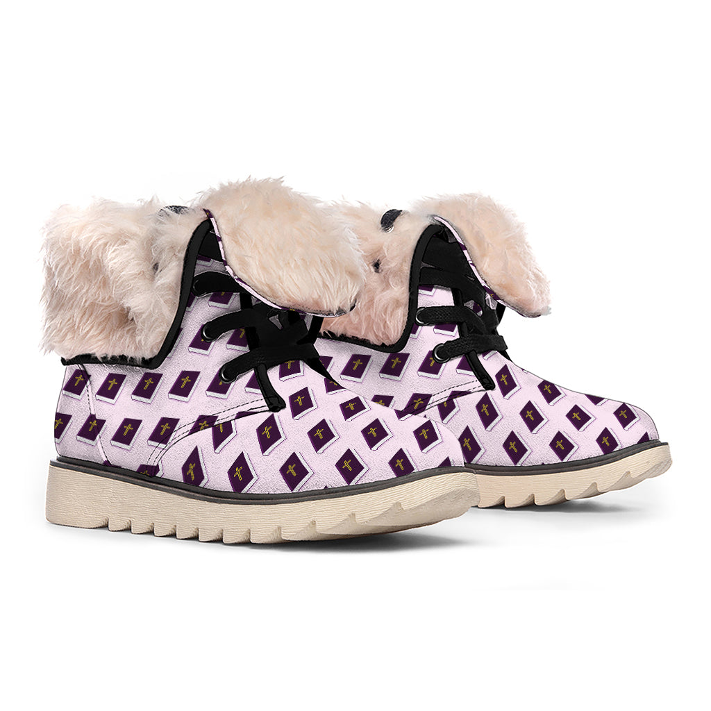 Purple Holy Bible Pattern Print Winter Boots
