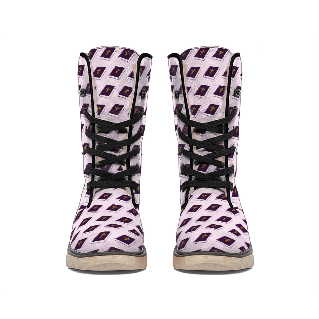 Purple Holy Bible Pattern Print Winter Boots