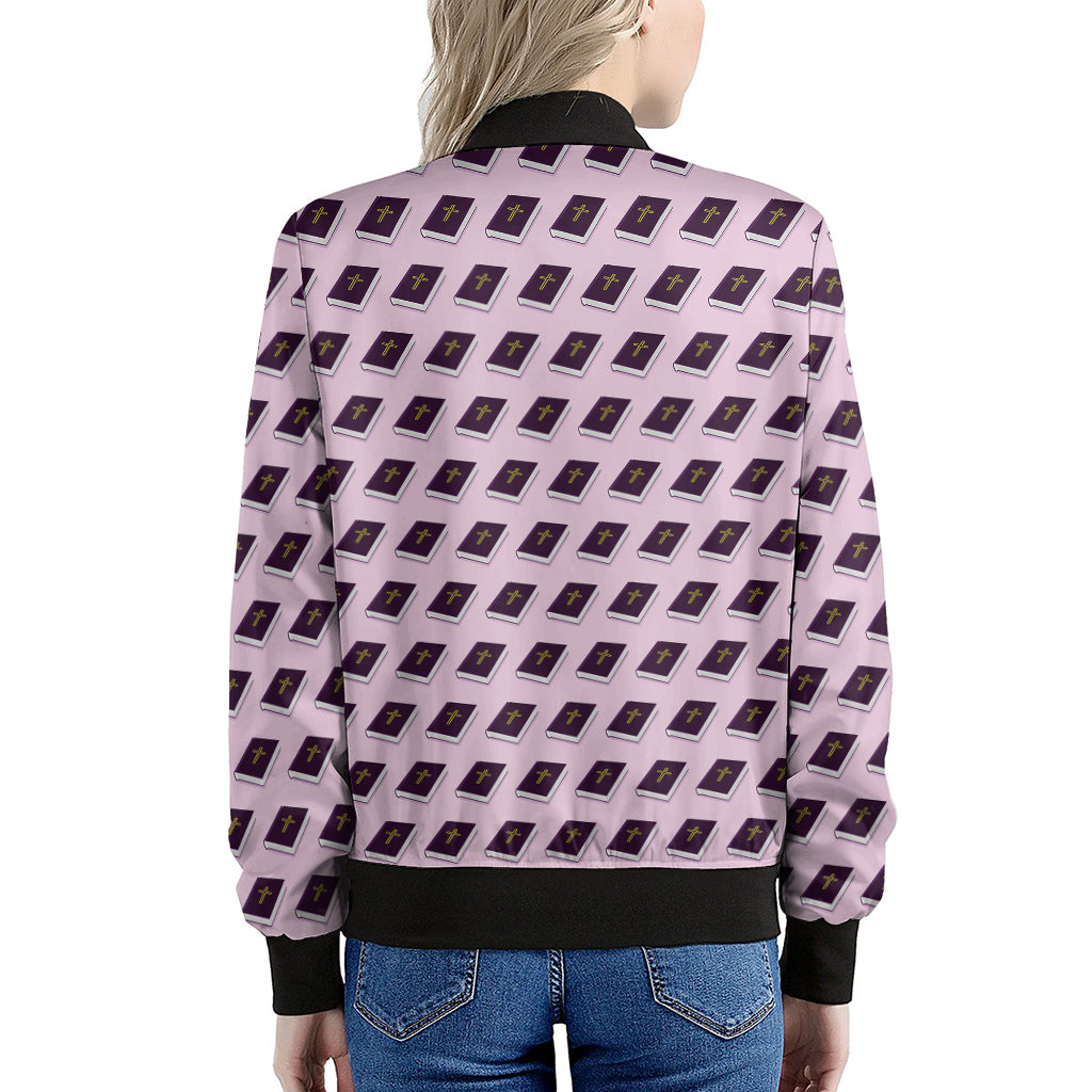 Purple Holy Bible Pattern Print Women's Bomber Jacket