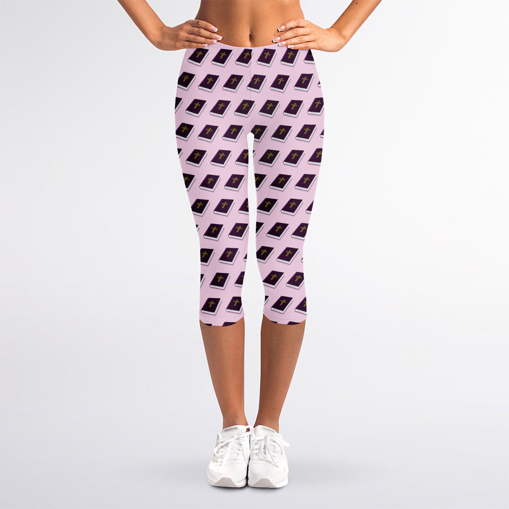 Purple Holy Bible Pattern Print Women's Capri Leggings