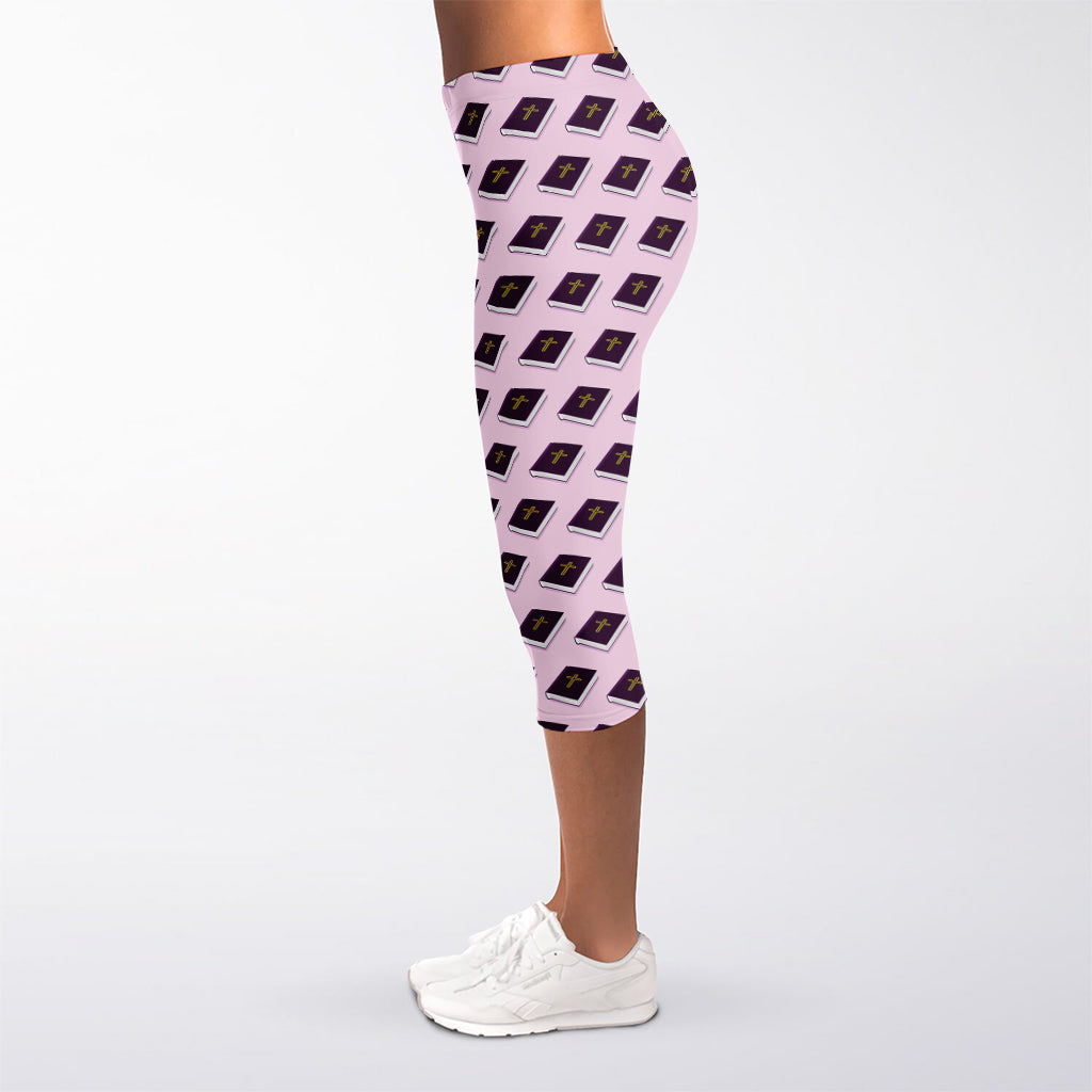 Purple Holy Bible Pattern Print Women's Capri Leggings