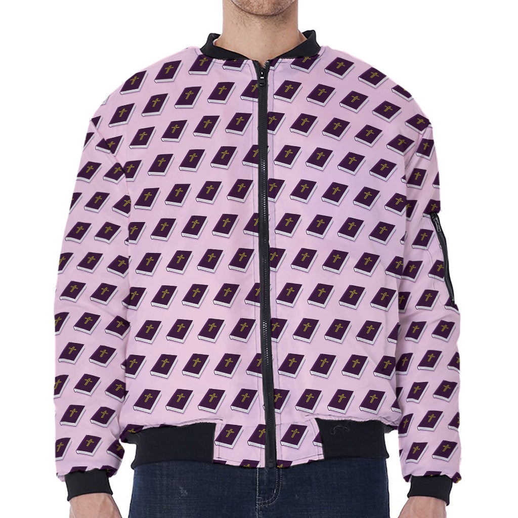 Purple Holy Bible Pattern Print Zip Sleeve Bomber Jacket