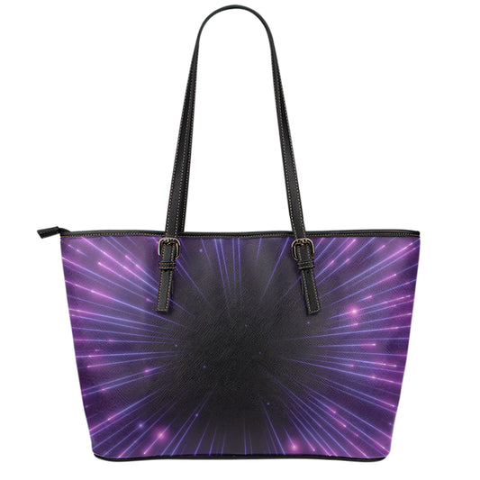 Purple Hyperspace Print Leather Tote Bag