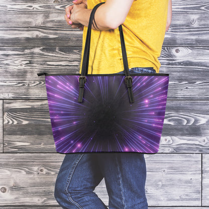 Purple Hyperspace Print Leather Tote Bag