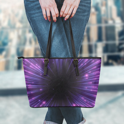 Purple Hyperspace Print Leather Tote Bag