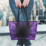 Purple Hyperspace Print Leather Tote Bag