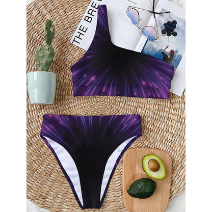 Purple Hyperspace Print One Shoulder Bikini Top