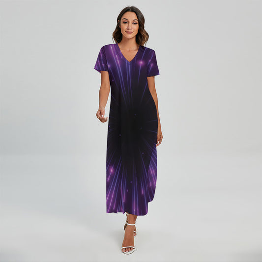 Purple Hyperspace Print Short Sleeve Maxi Dress
