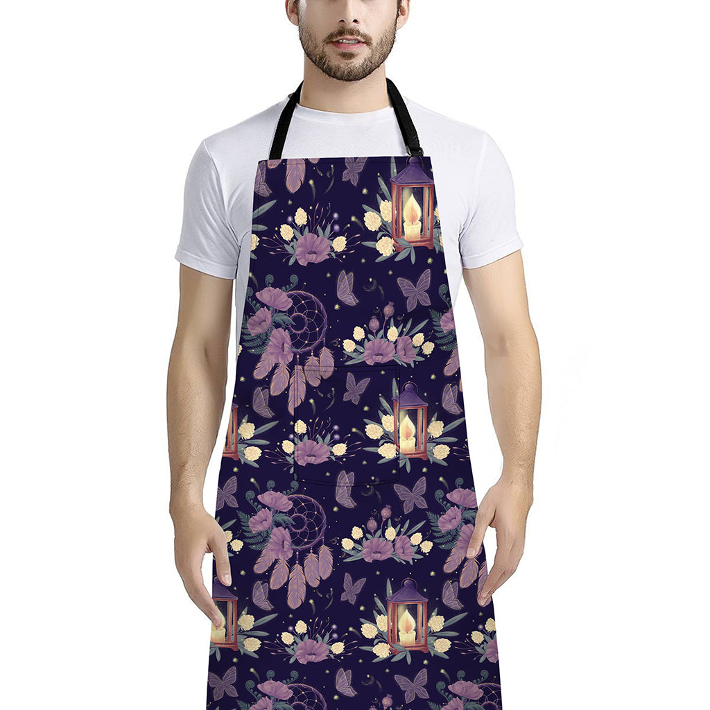Purple Indian Dream Catcher Print Bib Apron With Pocket